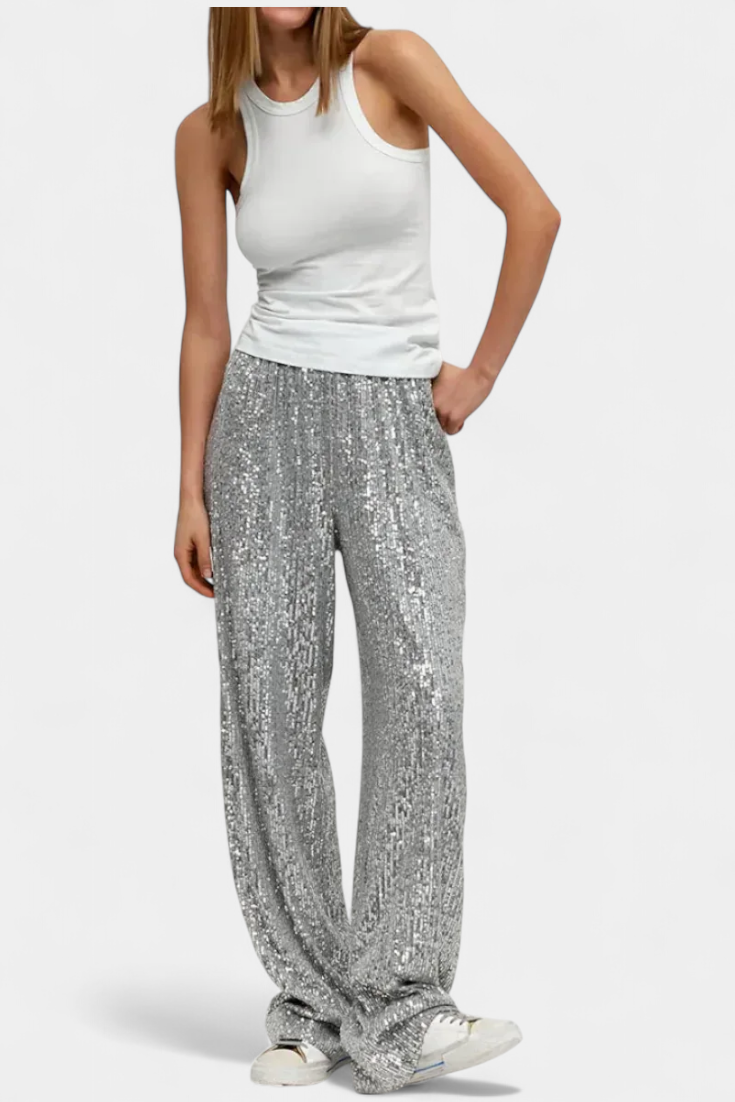 Elva Pantalones de Lentejuelas de Cintura Alta y Corte Holgado